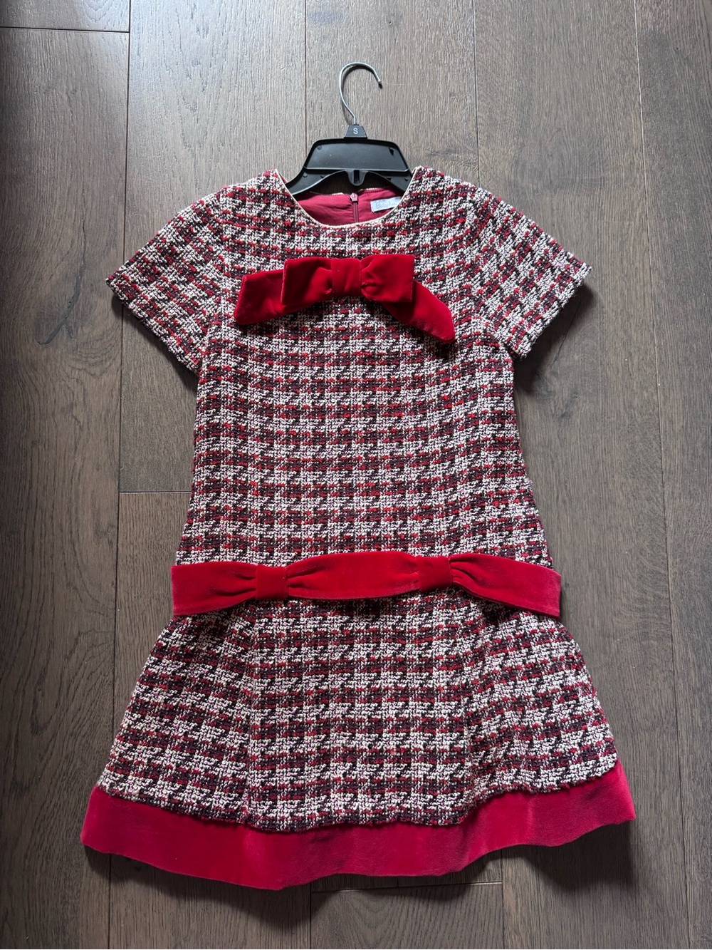 Girls Red Tweed Bow-Trim Formal Dress